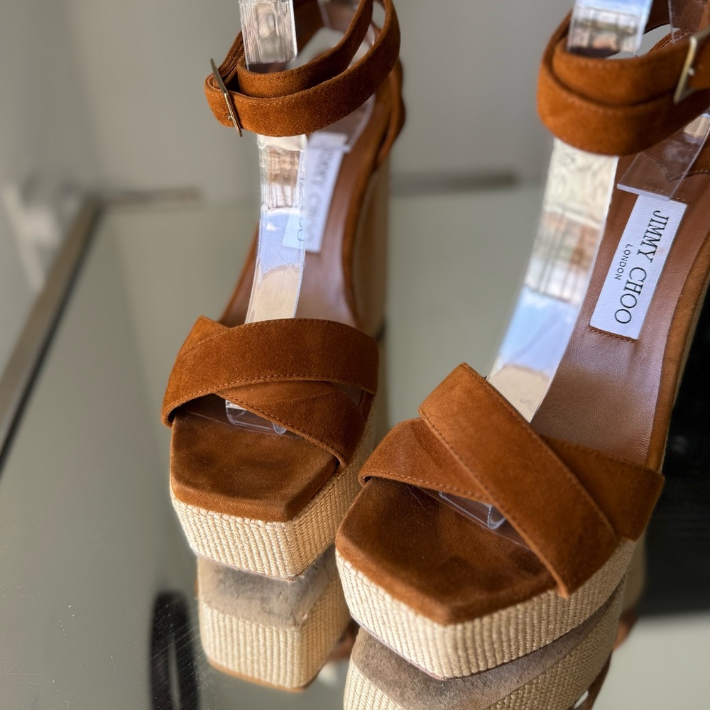 EUC JIMMY CHOO Gaia 140 suede platform sandals $995 38 - Picture 13 of 15